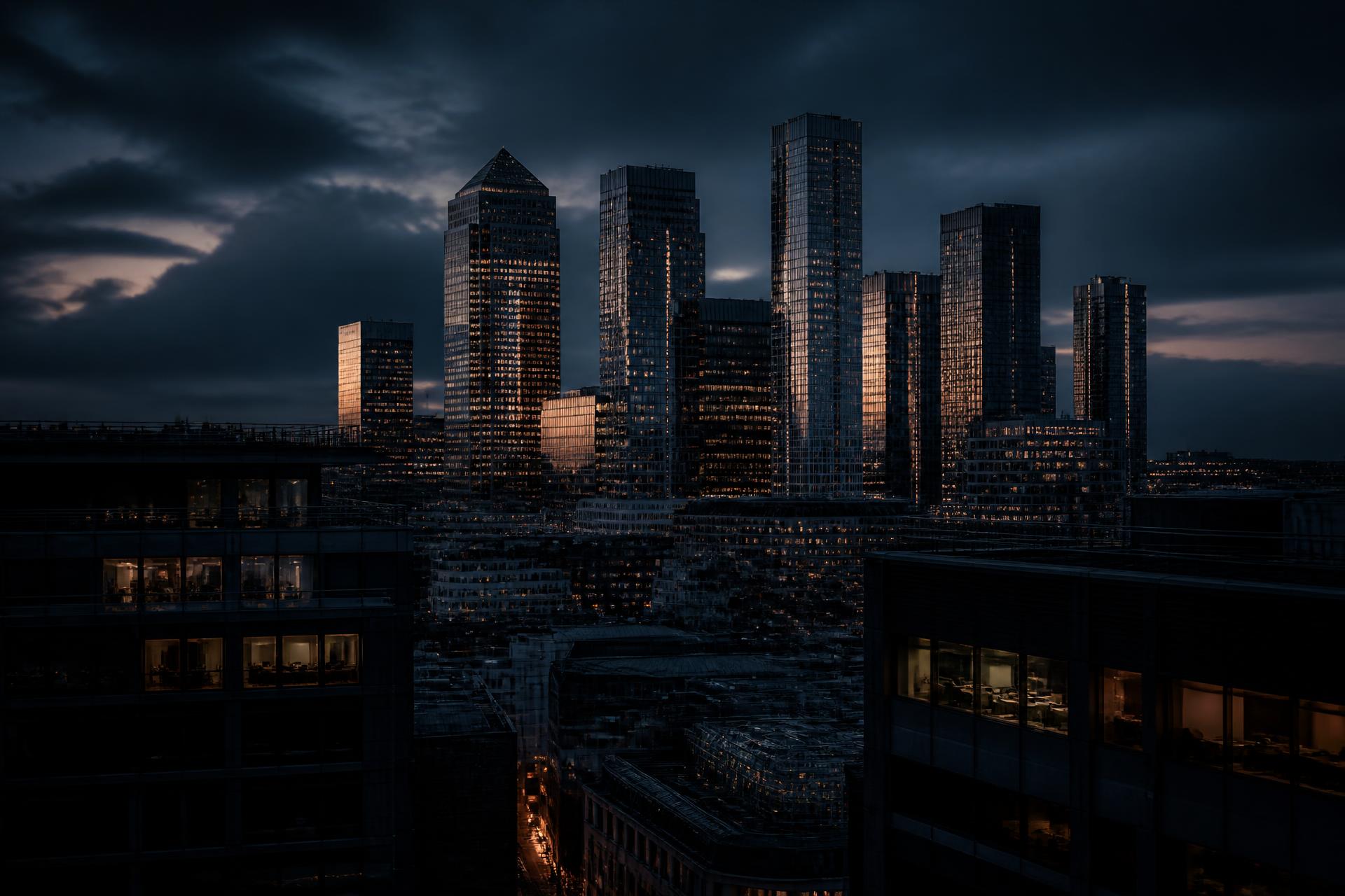 A financial district skyline at dusk