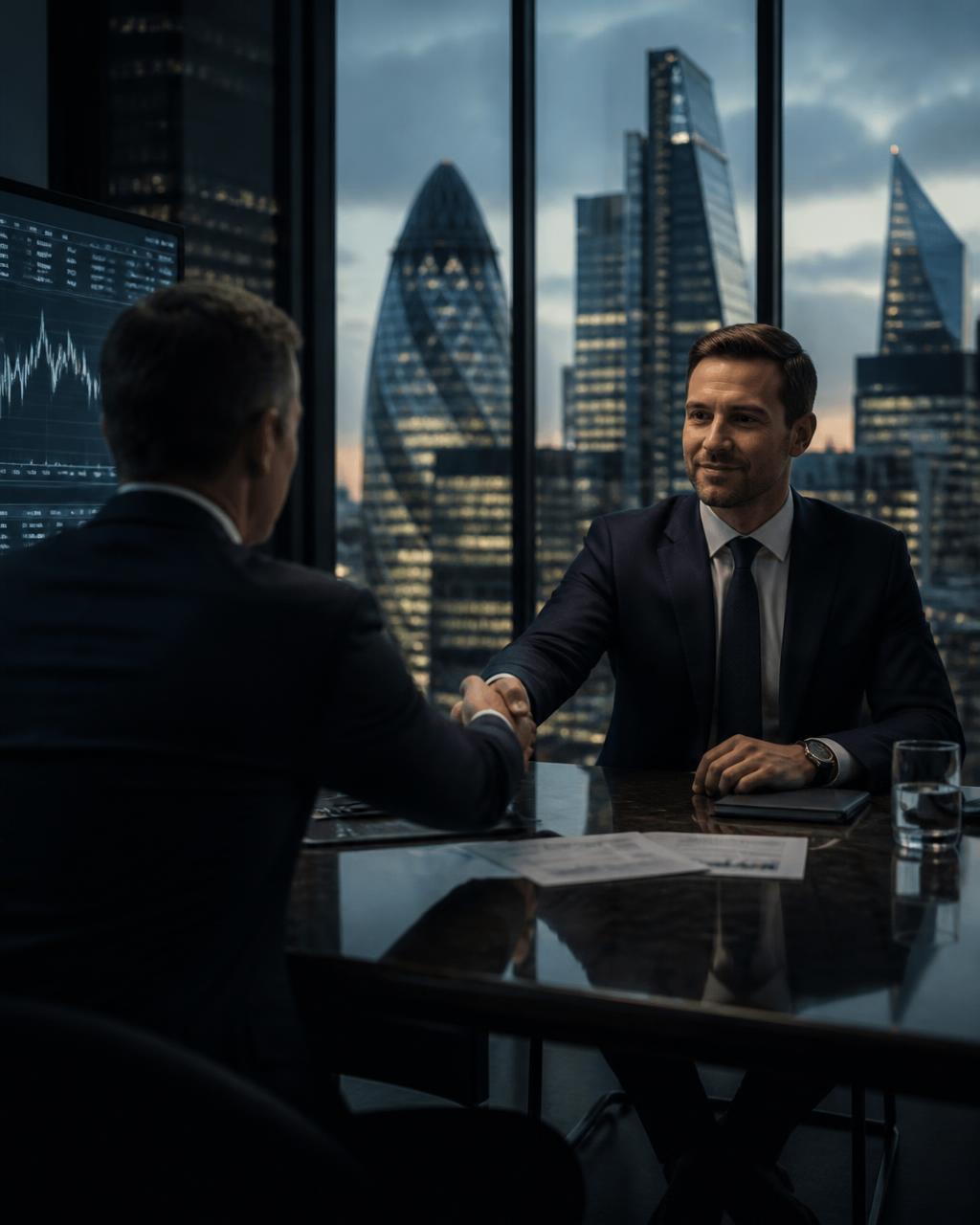 Two investment professionals shaking hands in a City of London office at dusk, market charts on screen