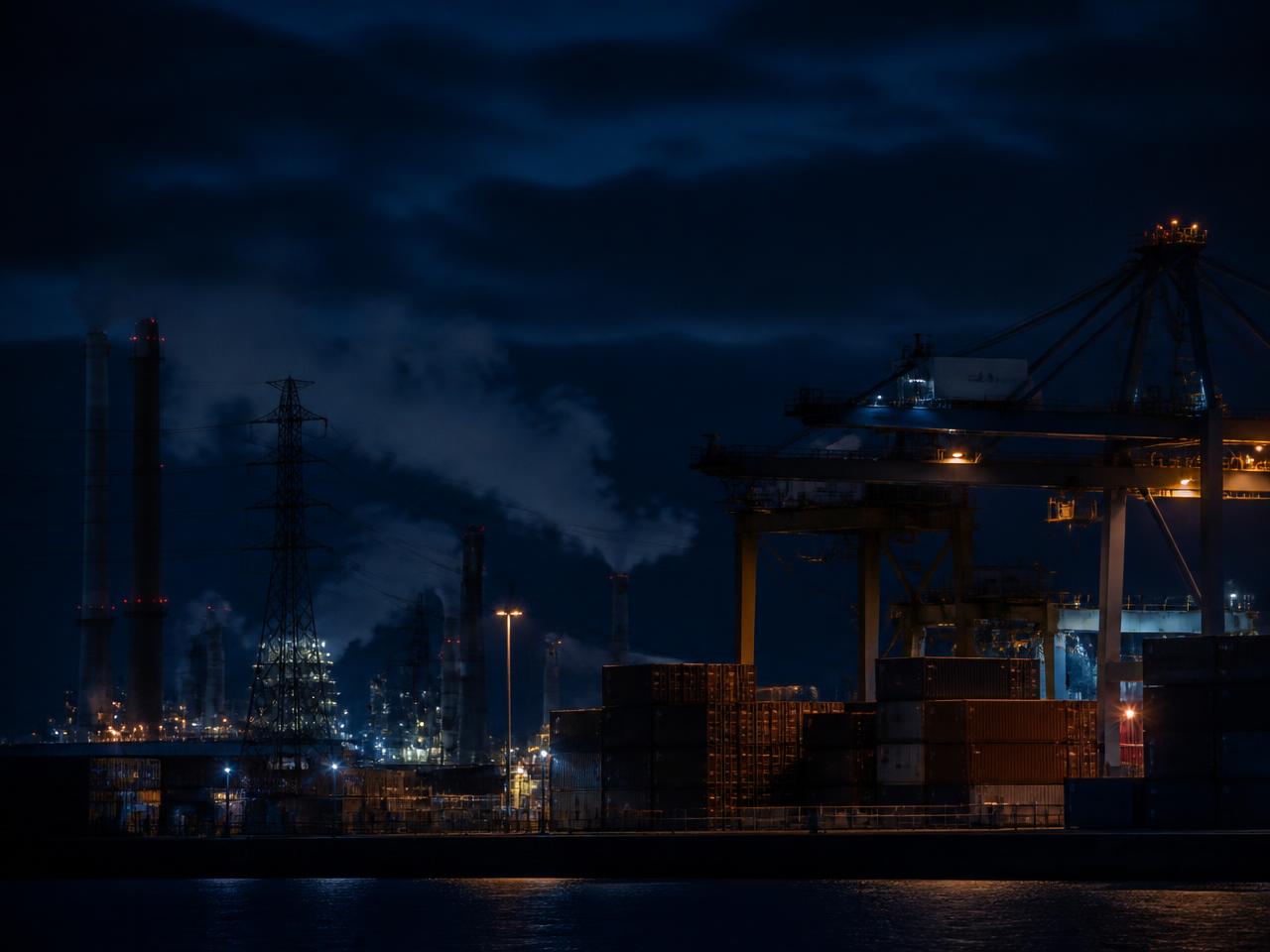 Industrial port with shipping containers and energy infrastructure at night