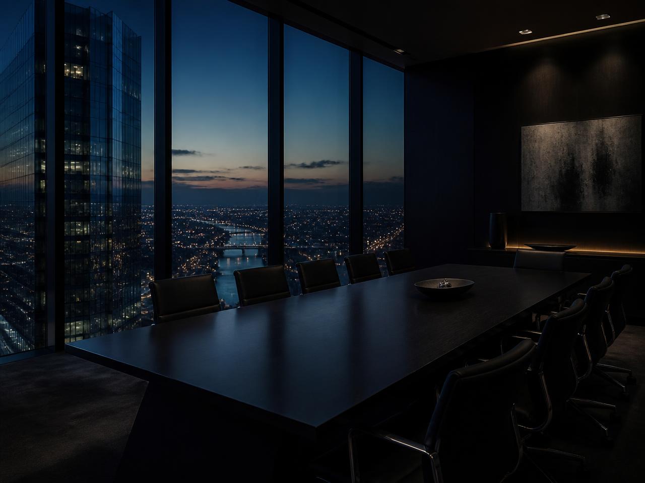 Empty boardroom high in a glass tower overlooking a city at dusk