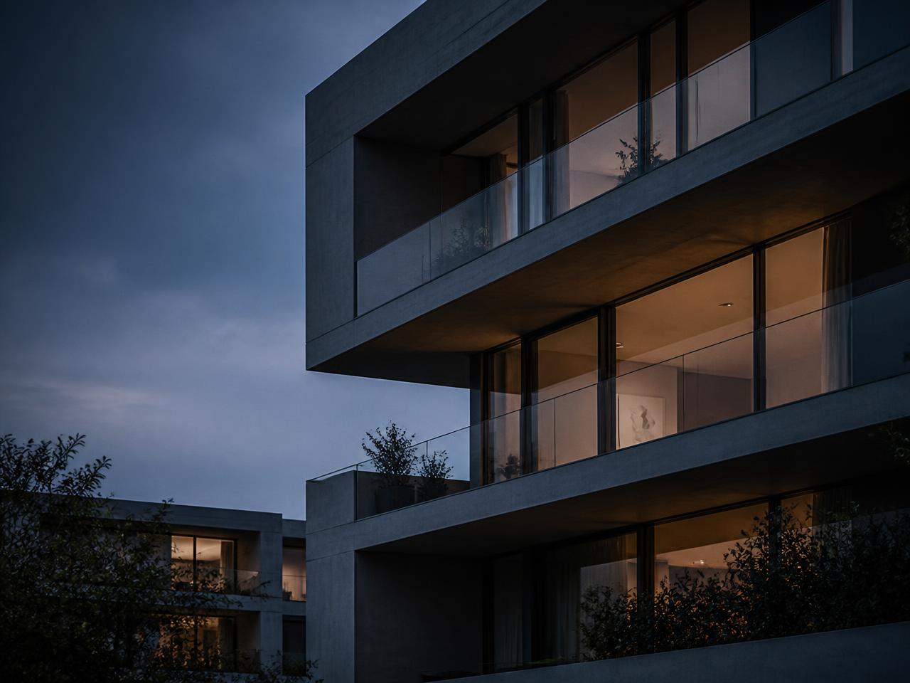 Contemporary residential development architecture at twilight